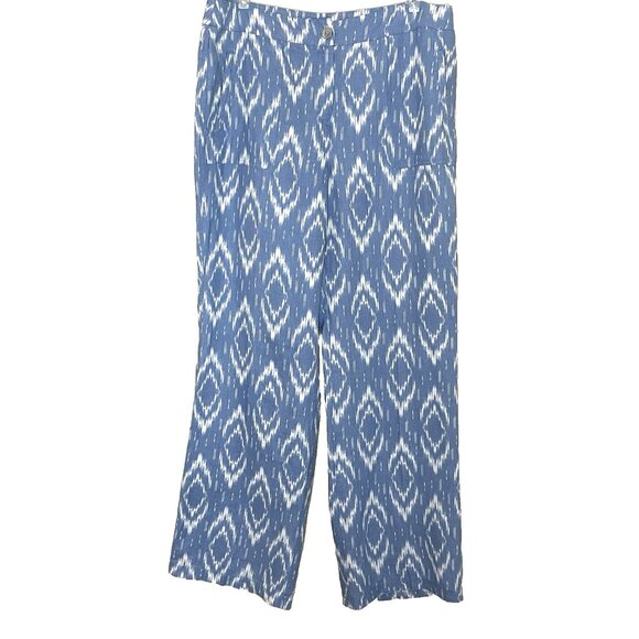 Chico's Blue Ikat Linen Wide Leg Pants Trouser Size 1 US Medium Vacation Casual - Picture 2 of 13
